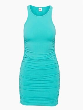 TNA Aritzia (NWT) turquoise blue Mini ruched Chill Malibu dress